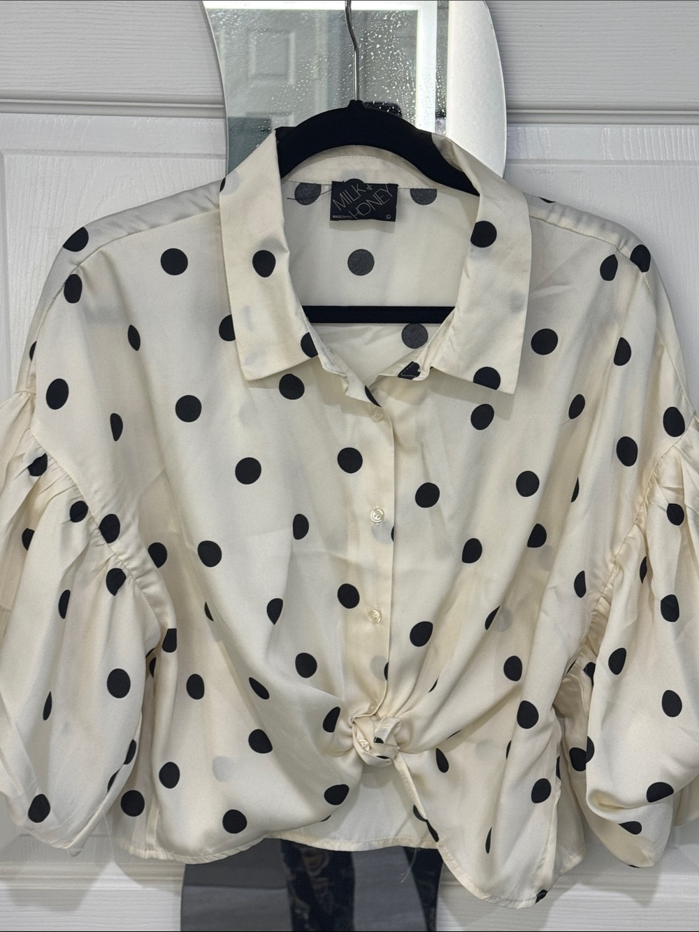Polka Dot Tie-Front Blouse - Cream with Black Dots